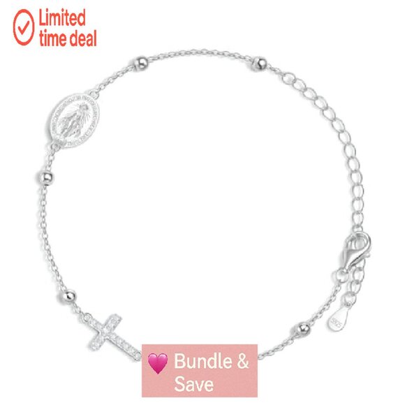 Sterling Silver Cross Charm Bracelet Adjustable Dainty Christian Gift - Picture 2 of 8